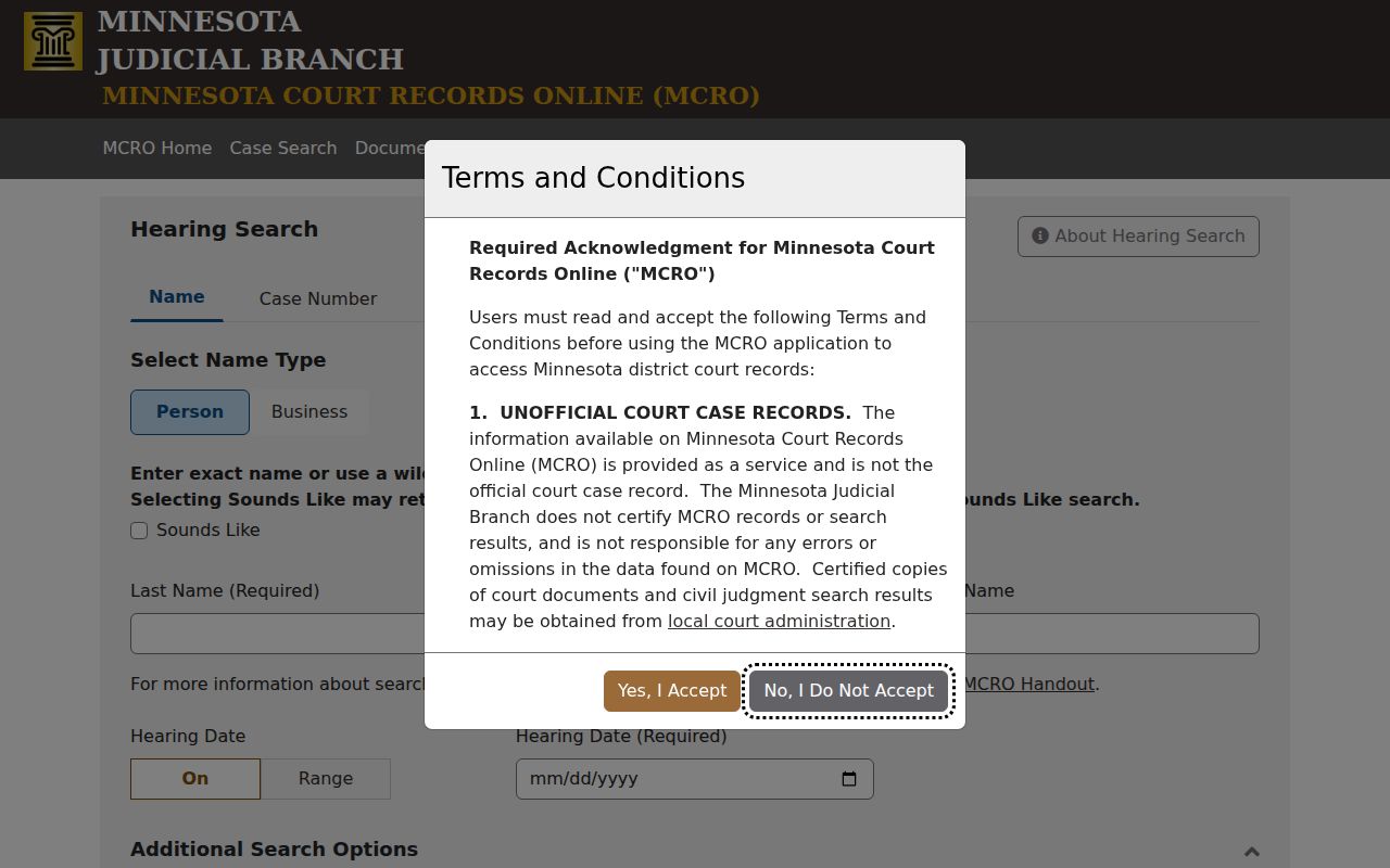 Mille Lacs County court calendar MCRO Hearing Search page