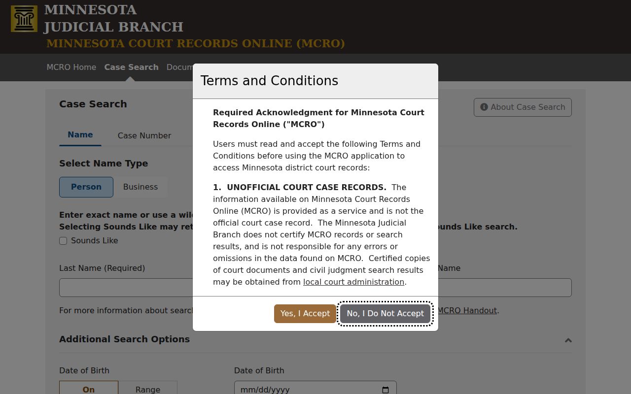 Mille Lacs County case search at the MCRO Case Search page