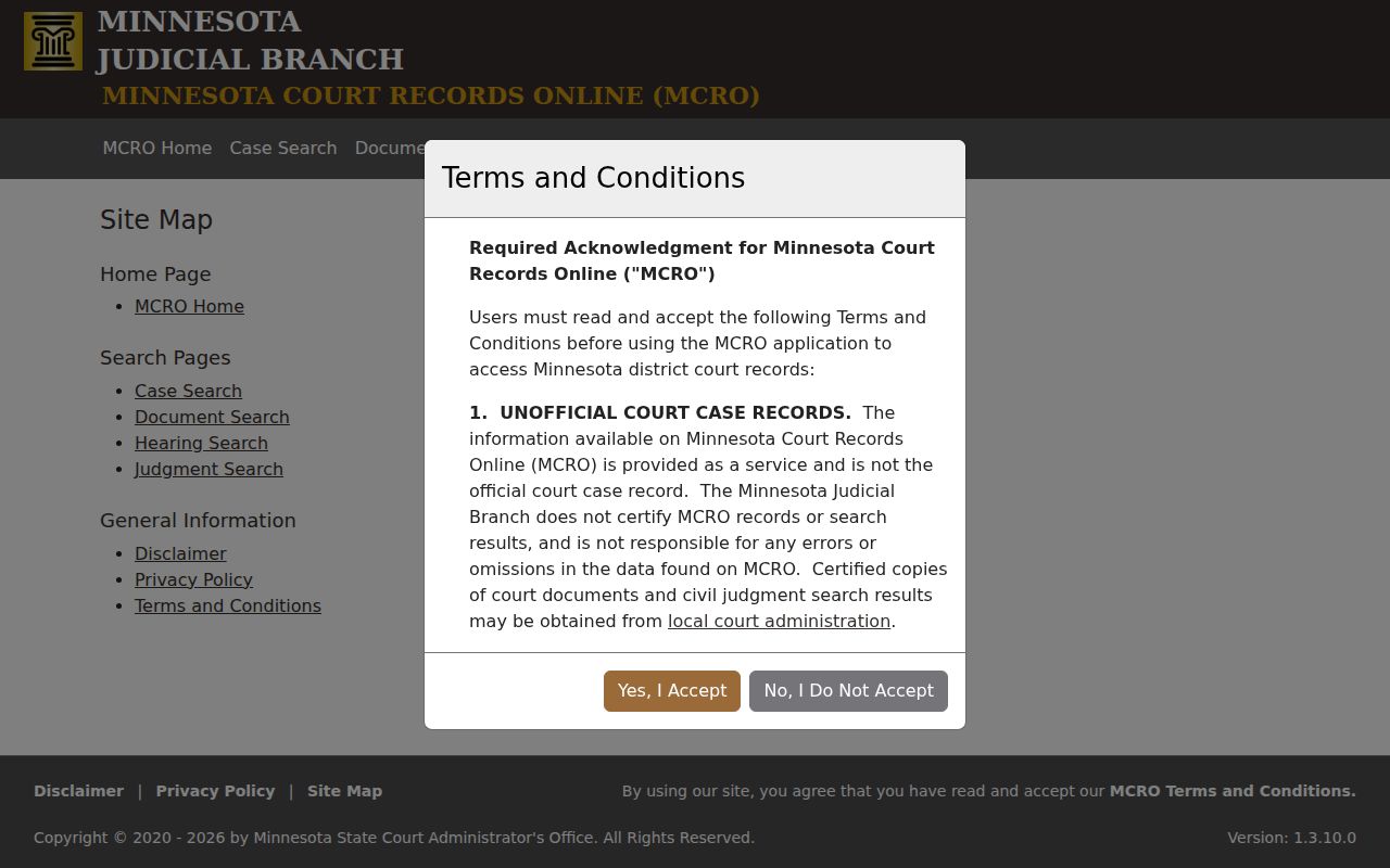 Mille Lacs County case search information on the MCRO sitemap and terms page