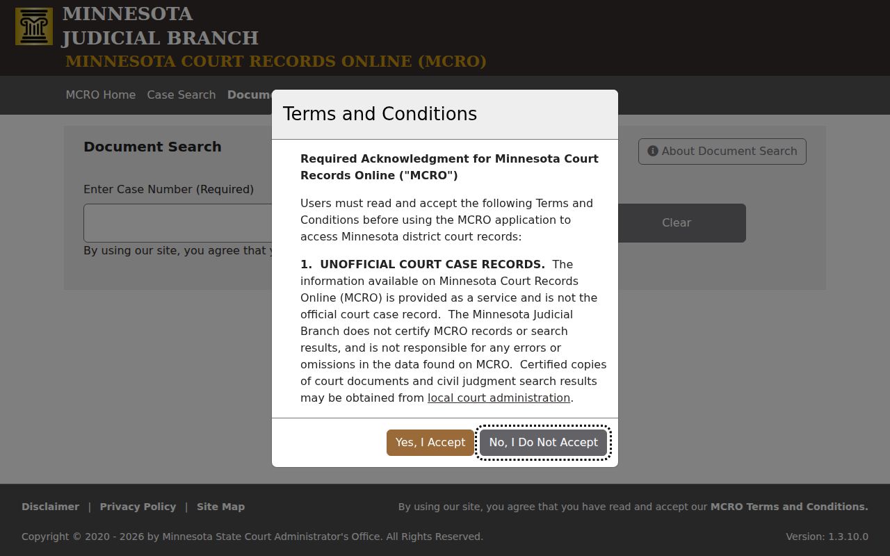 Mille Lacs County court records at the MCRO Document Search page