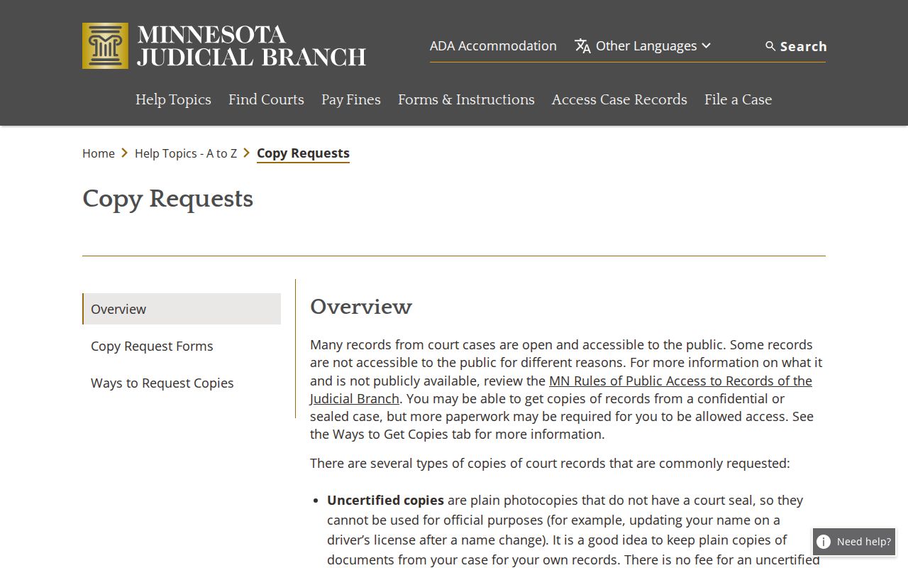 Mille Lacs County court records copy-request guidance from the Minnesota Judicial Branch