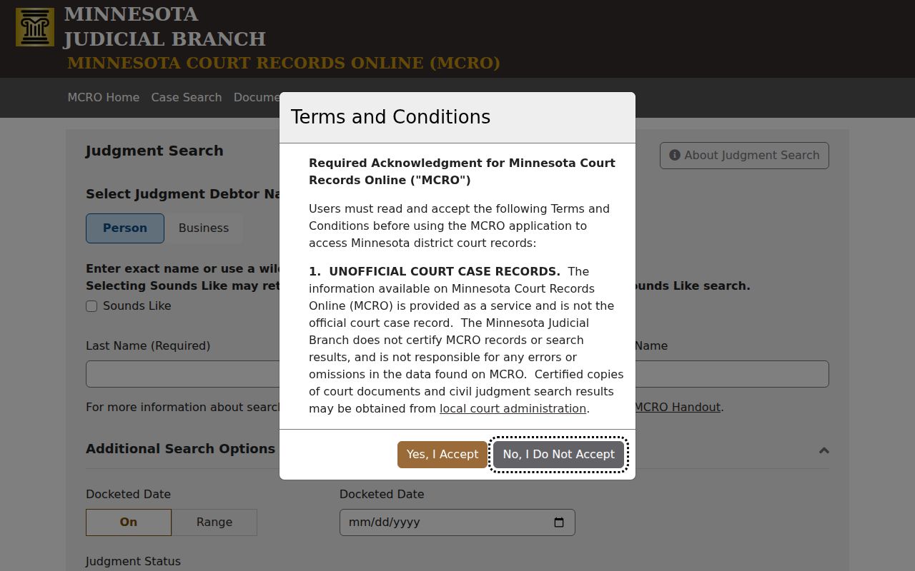 Mille Lacs County court records at the MCRO Judgment Search page