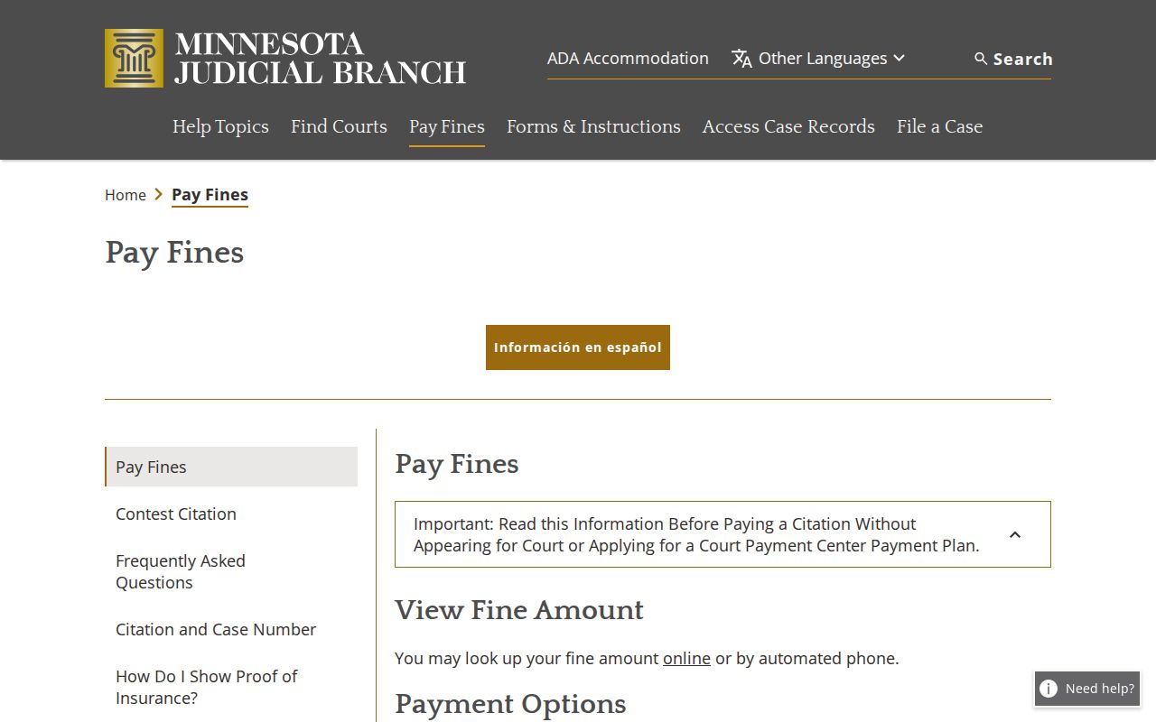 Mille Lacs County traffic court records Minnesota Pay a Fine page