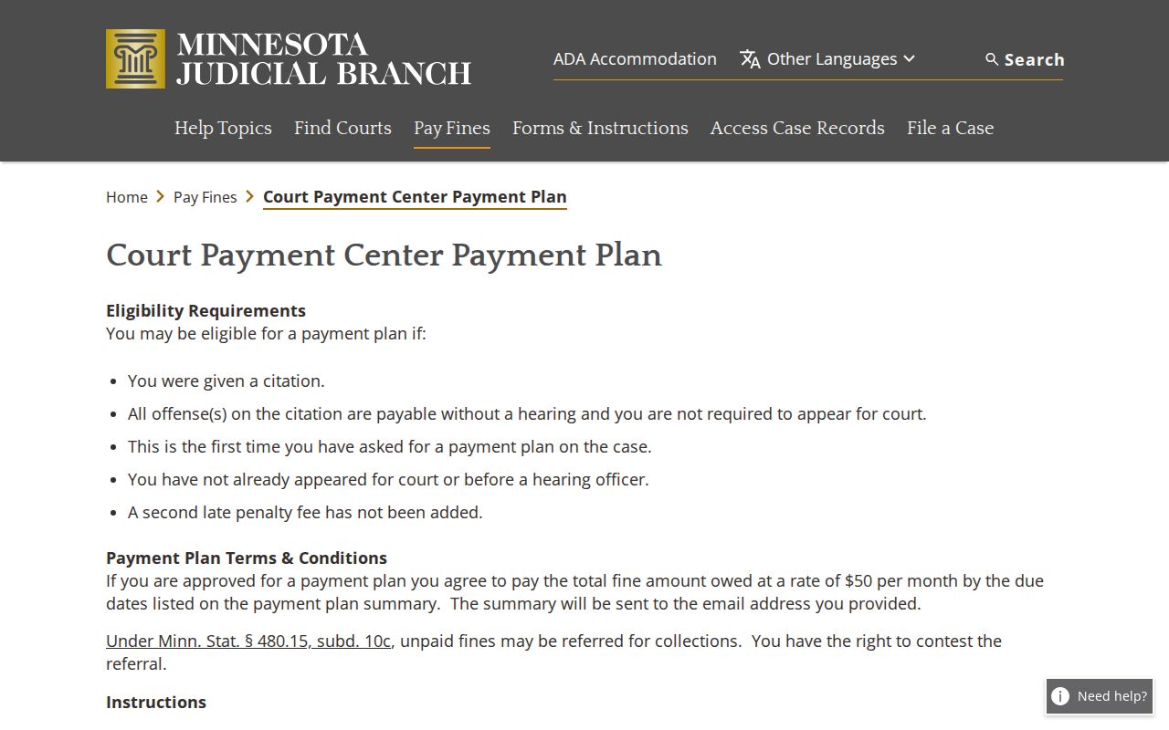 Mille Lacs County traffic court records payment plan request page