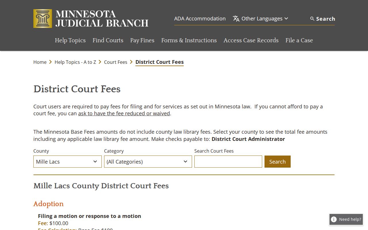 Onamia court docket certified copy fees from the Mille Lacs court fee page