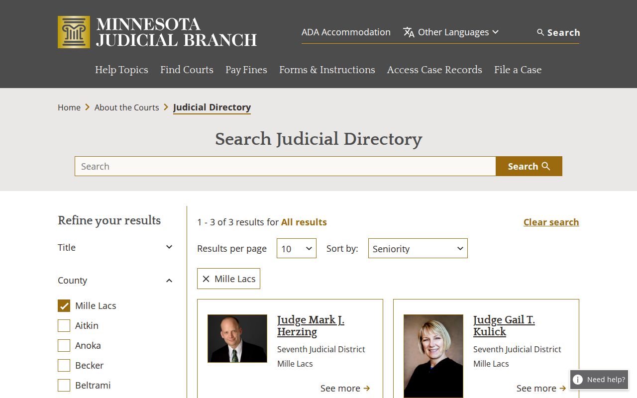 Mille Lacs County court calendar and judicial directory record information
